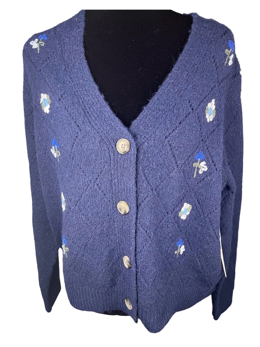 CeCe Navy Floral Embroidered V-Neck Cardigan